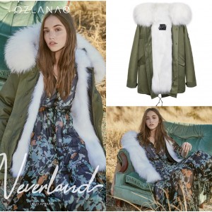 OZLANA AU 时尚皮草大衣 军绿色外壳 经典白色狐狸毛 AU192024