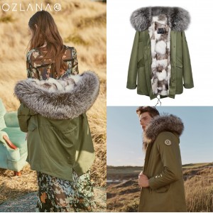 OZLANA AU 时尚皮草大衣 军绿色外壳 经典银狐狸毛 AU192025