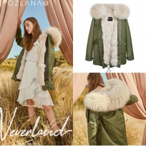 OZLANA AU 时尚皮草大衣 军绿色外壳 经典奶茶色狐狸毛 AU192026