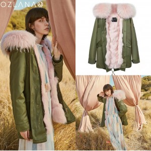 OZLANA AU 时尚皮草大衣 军绿色外壳 经典粉色狐狸毛 AU192027