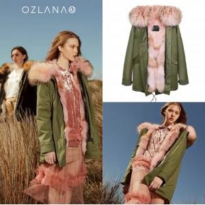 OZLANA AU 时尚皮草大衣 军绿色外壳 经典粉色郊狼毛 AU192028