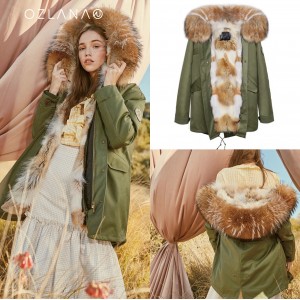 OZLANA AU 时尚皮草大衣 军绿色外壳 经典原色郊狼毛 AU192029