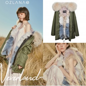 OZLANA AU 时尚皮草大衣 军绿色外壳 奶茶冰淇淋狐狸毛 AU192031
