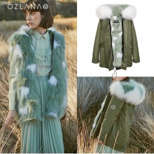 OZLANA AU 时尚皮草大衣 军绿色外壳 抹茶满天星狐狸毛 AU192039
