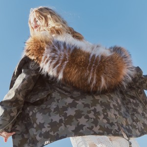 OZLANA AU 时尚皮草大衣 军绿星星迷彩外壳经典原色郊狼毛 AU192066